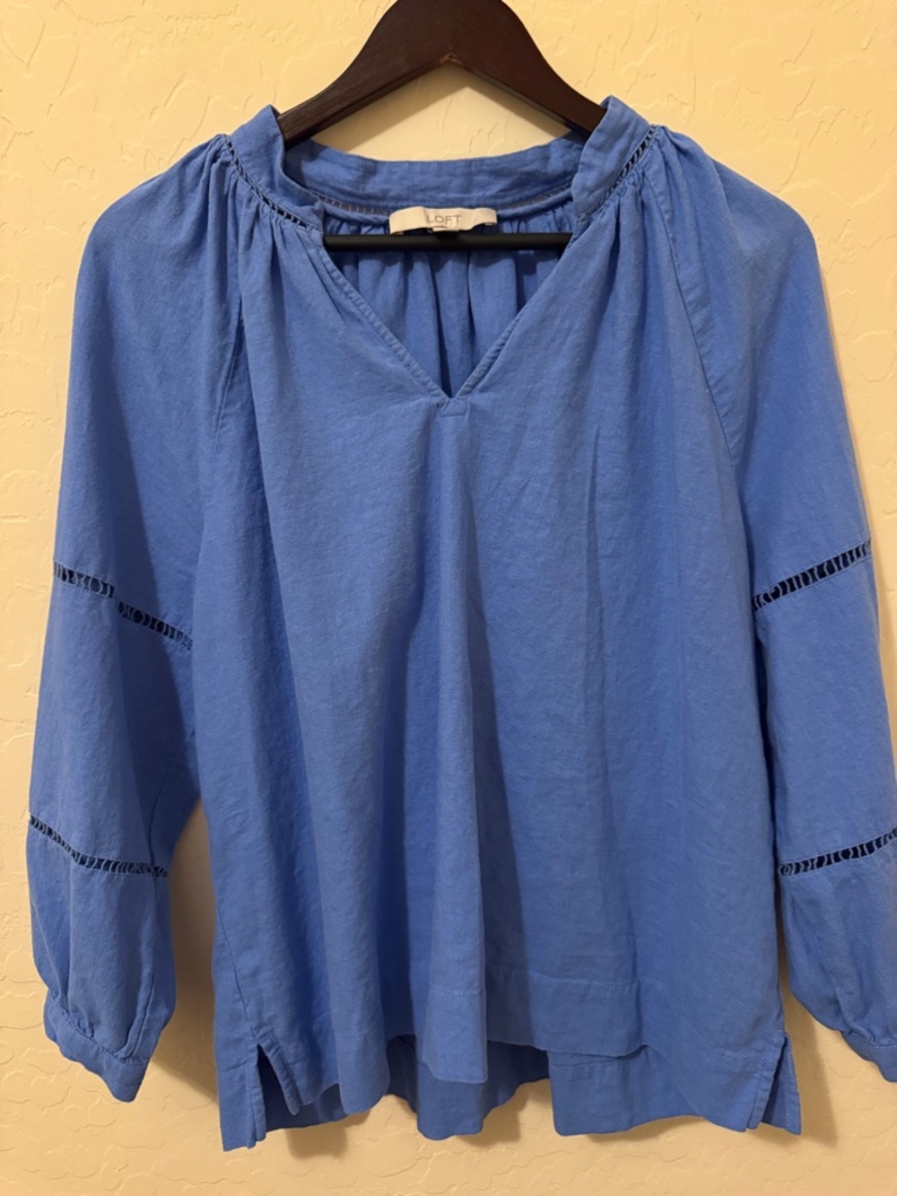 LOFT Light Blue V-Neck Lace-Trim Peasant Top